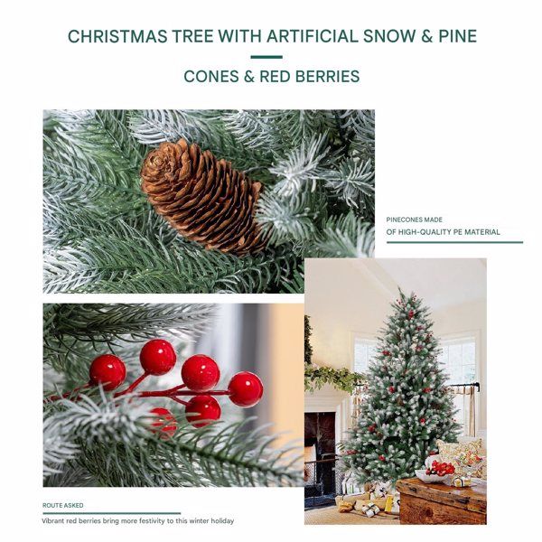 7ft artificial Christmas tree with snow, pine cones, and red berries for festive winter decoration