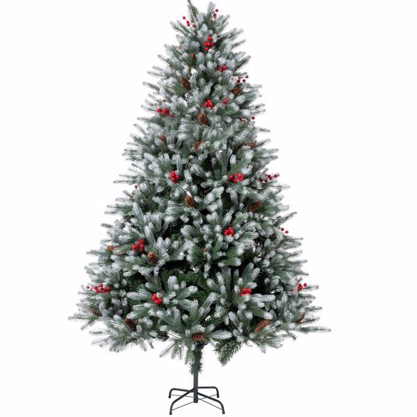 Lifelike artificial Christmas tree 7ft with snow-dusted branches and red berry accents