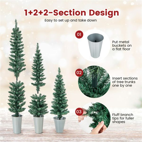 Artificial Christmas tree set with 1+2+2 section design, easy setup and take down with sturdy metal bucket