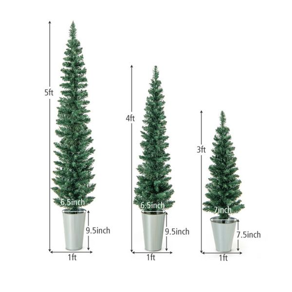 Artificial Christmas tree set featuring three sizes 3ft, 4ft, and 5ft with decorative pots
