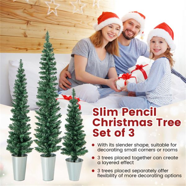 Artificial Christmas trees set of 3 in slim pencil shape for small spaces and layered decoration