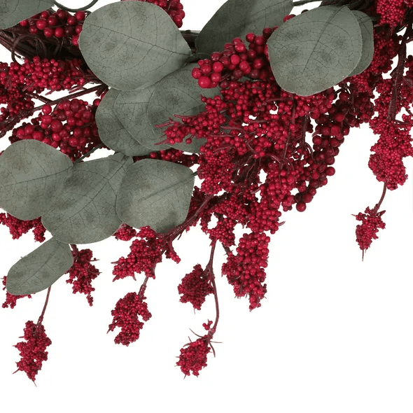 Close-up of artificial Christmas wreath with eucalyptus leaves and red berry clusters from FauxMart.com