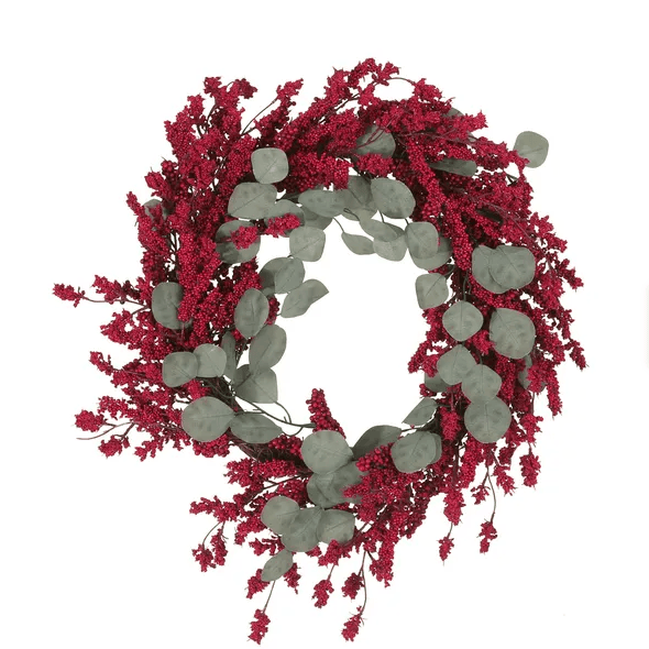 Artificial Christmas wreath with eucalyptus leaves and red berry accents from FauxMart.com