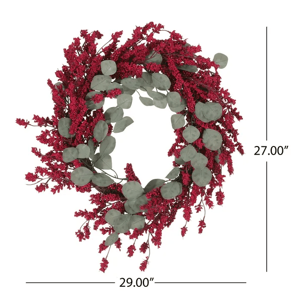 Artificial Christmas wreath with eucalyptus and red berries measuring 29 by 27 inches