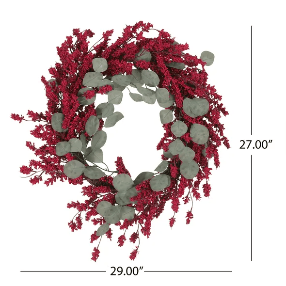 Artificial Christmas wreath with eucalyptus featuring red berries and green eucalyptus leaves measuring 29 by 27 inches