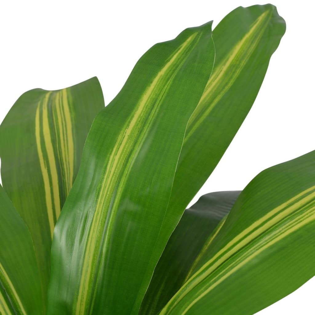 Close-up of green leaves with yellow stripes on an artificial dracaena plant from FauxMart.com
