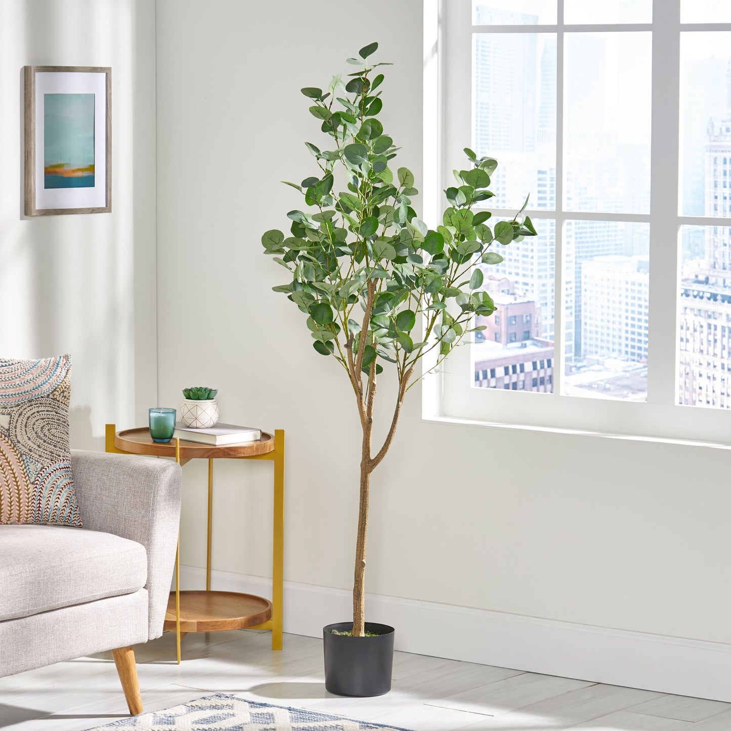 Artificial eucalyptus tree 59 inch with lush green leaves in a modern living room setting