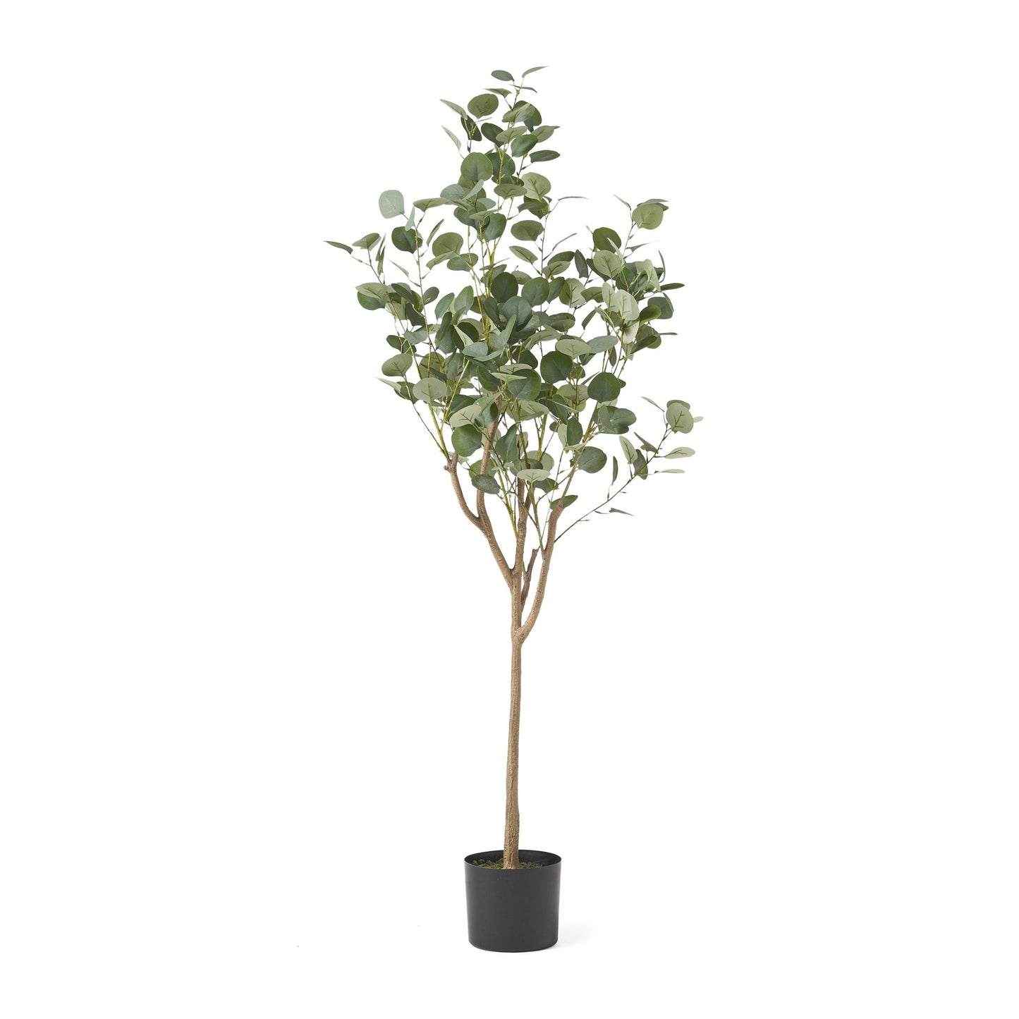 Artificial eucalyptus tree with lush green leaves in a black pot for home decor
