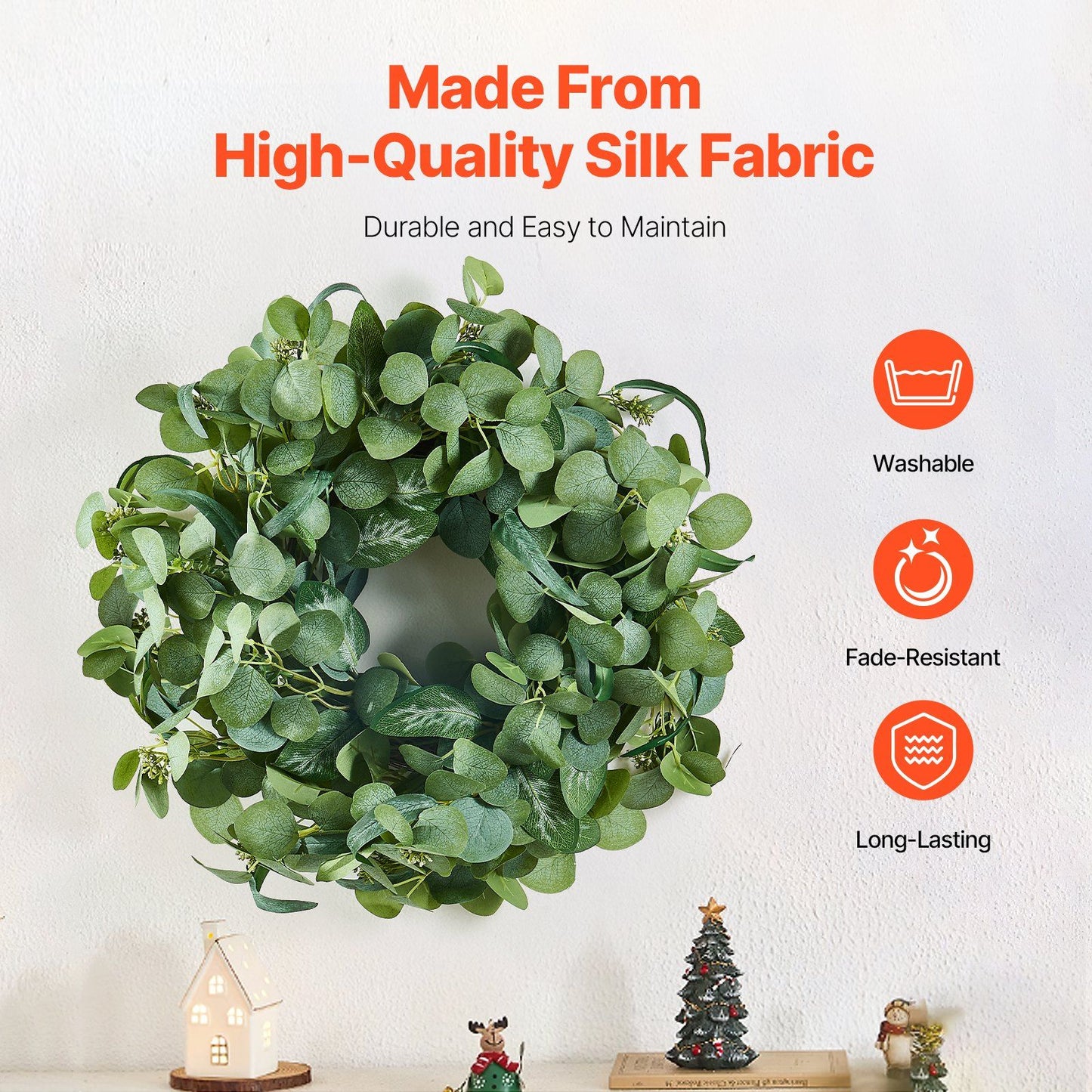 Artificial eucalyptus wreath made from high-quality silk fabric with washable fade-resistant long-lasting design