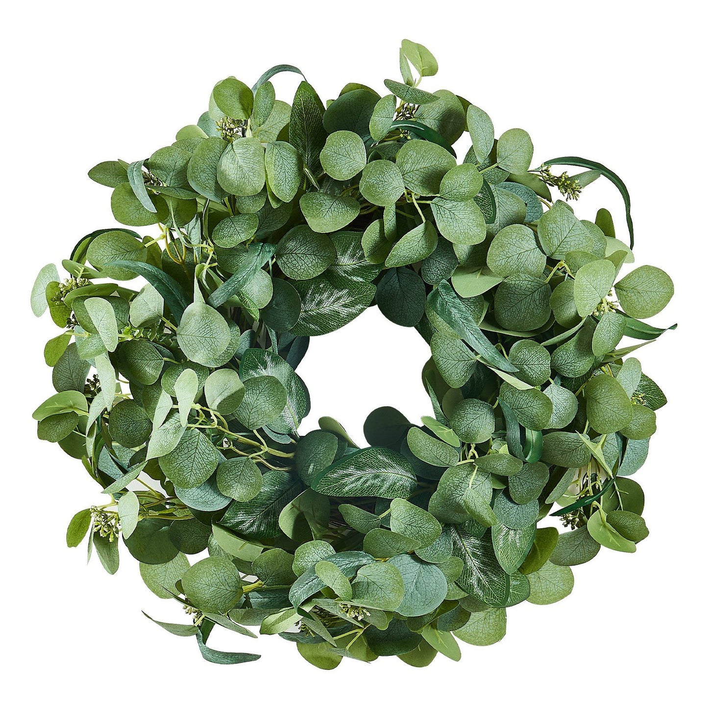 Green artificial eucalyptus wreath with lush round leaves perfect for home decor from FauxMart.com