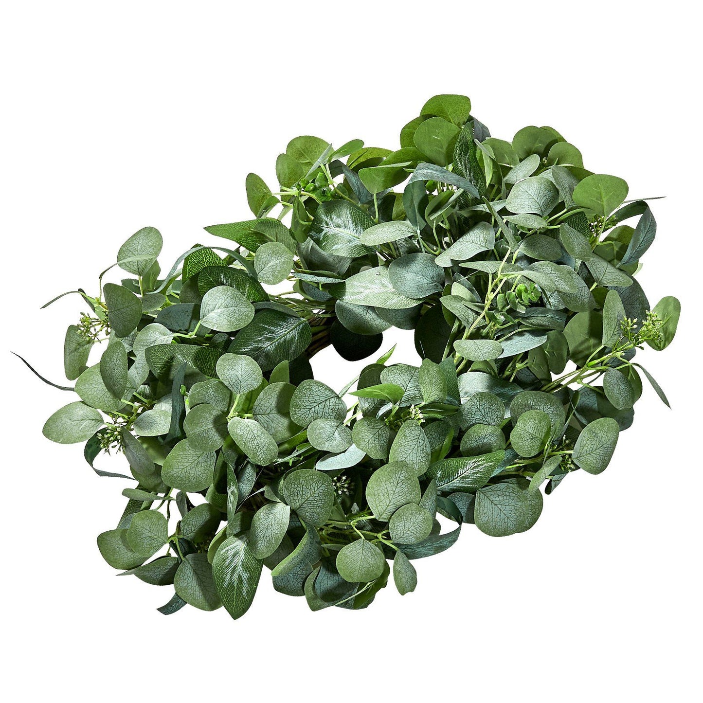 Lush green artificial eucalyptus wreath from FauxMart.com with realistic leaves and full design