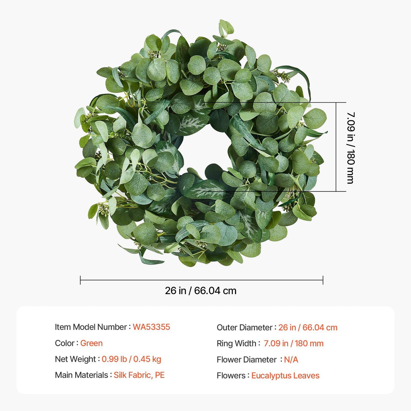 26 inch artificial eucalyptus wreath with green silk fabric leaves for home decor