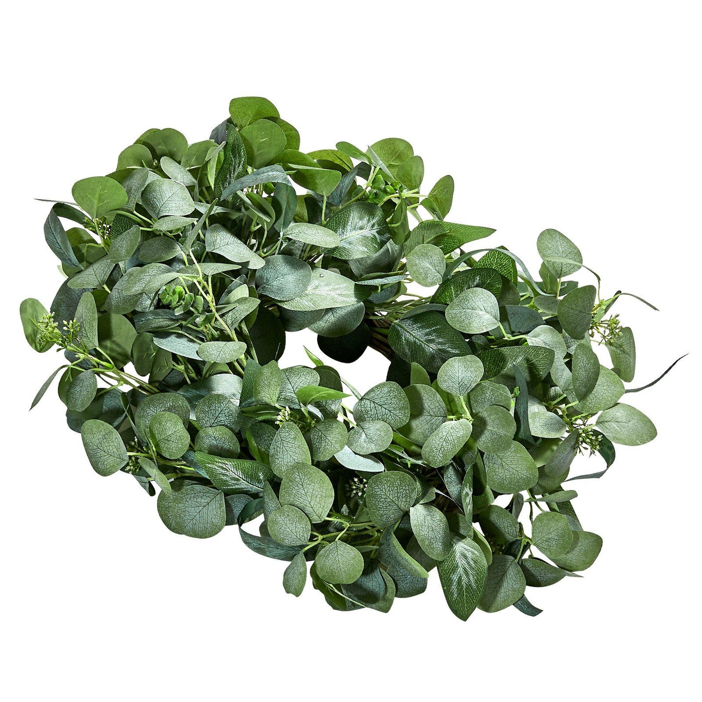 Lush green artificial eucalyptus wreath with realistic leaves for home decor from FauxMart.com