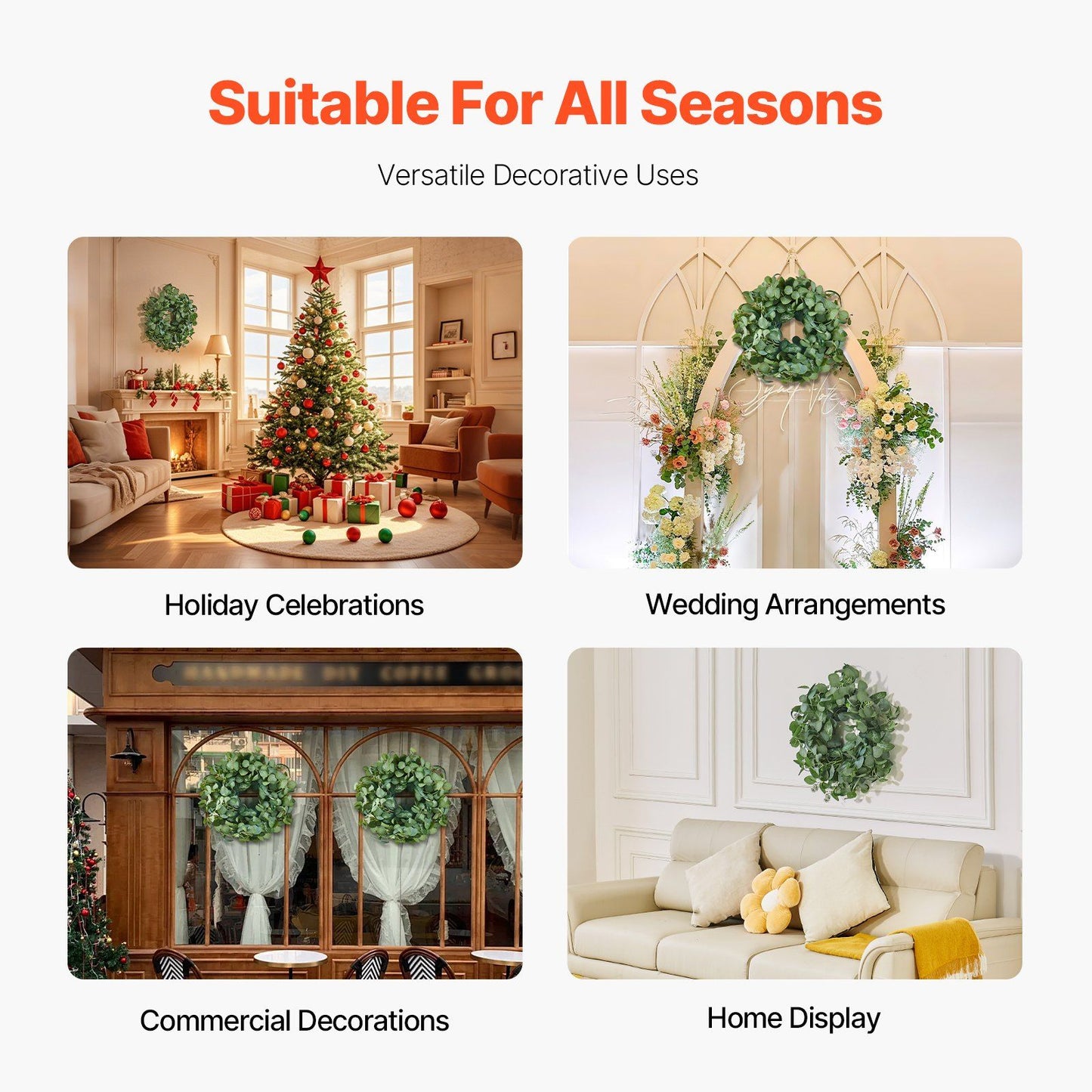 Artificial eucalyptus wreath displayed in holiday, wedding, commercial, and home decoration settings