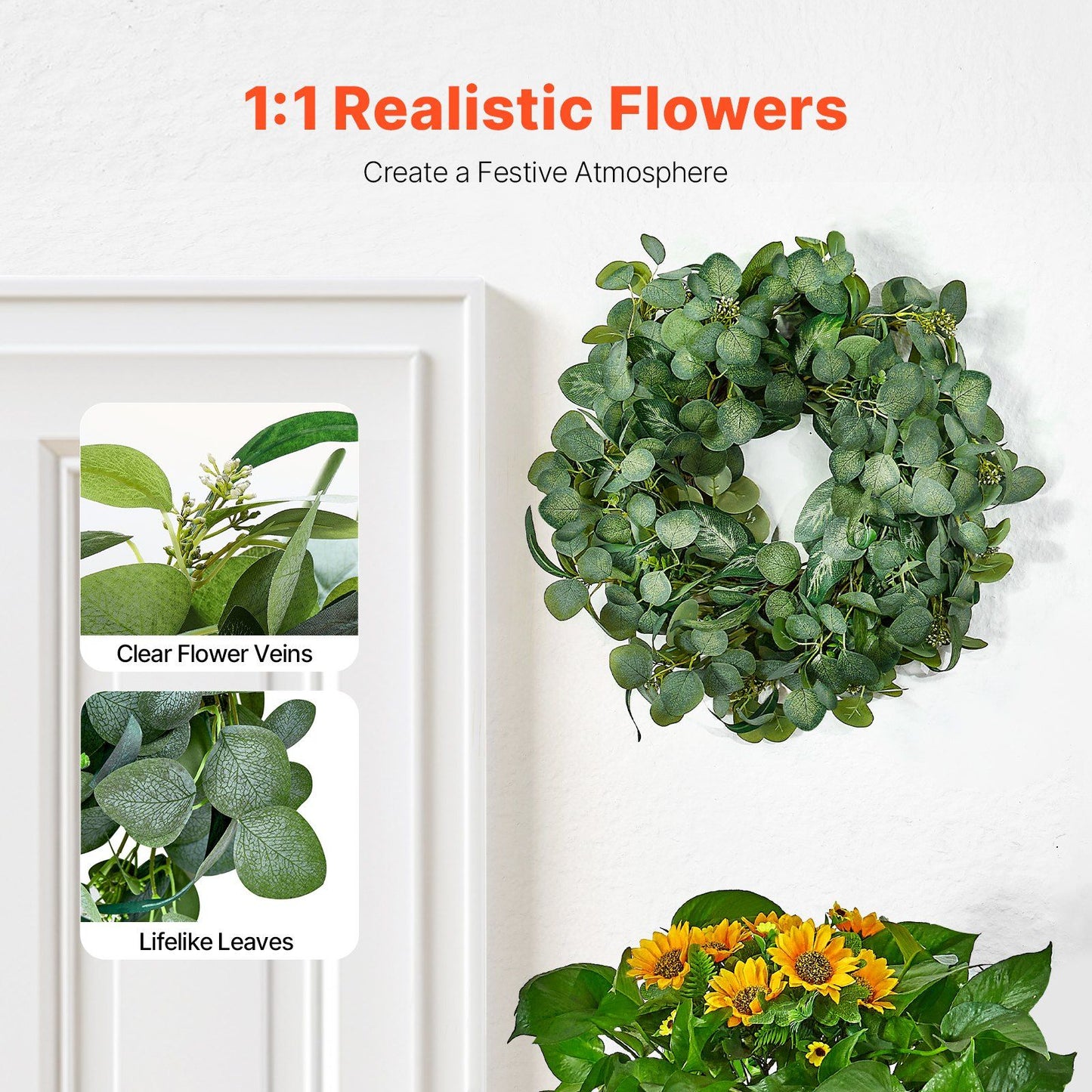 Artificial eucalyptus wreath with realistic leaves and clear flower veins from FauxMart.com