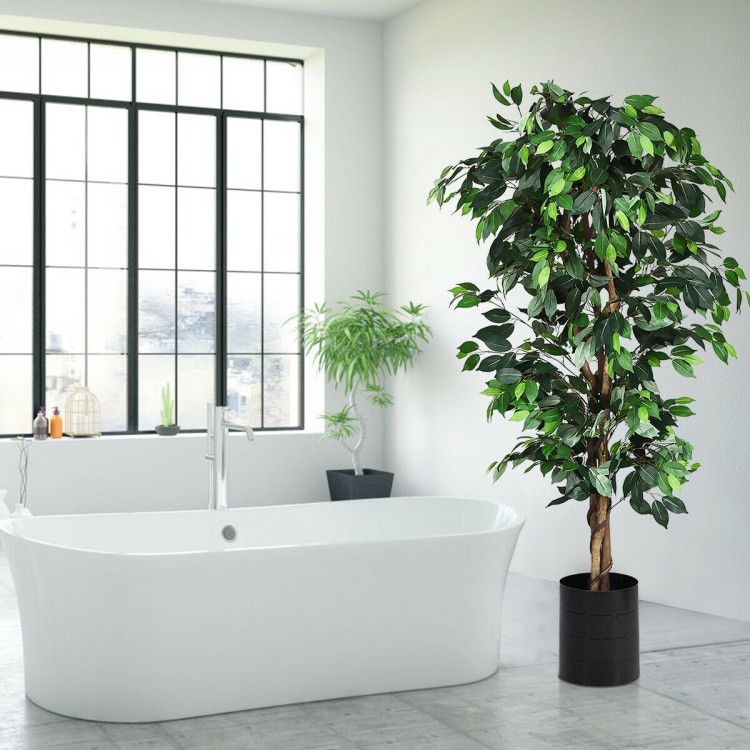 6 foot artificial ficus tree in a stylish bathroom near a modern bathtub and window