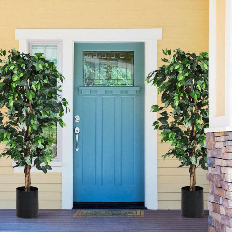 6 foot artificial ficus tree in decorative pots positioned by a blue front door for stylish decor