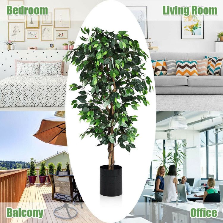 6 foot artificial ficus tree in a sleek black pot, perfect for home or office aesthetics.