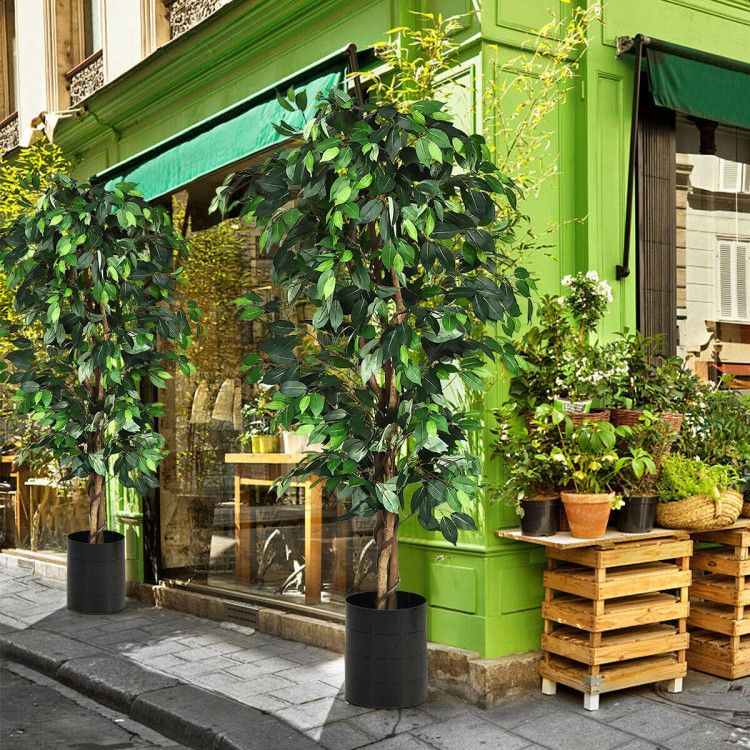Lively 6 foot artificial ficus tree in a modern planter outside a vibrant cafe