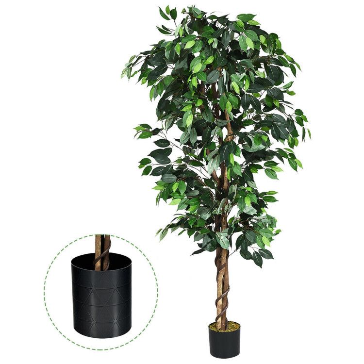 6 foot artificial ficus tree in a black pot with realistic green leaves for home decor