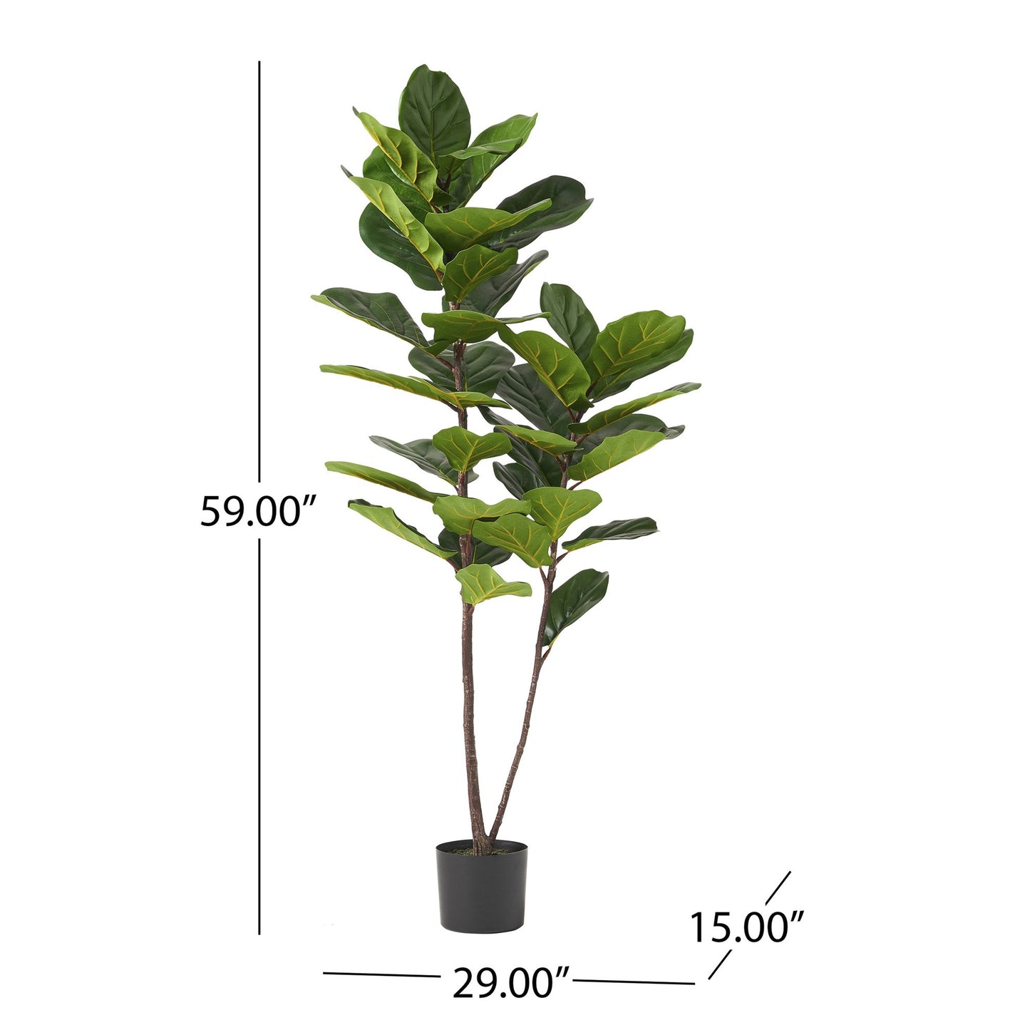 Artificial fiddle leaf fig tree with green leaves in black pot measuring 59 inches tall