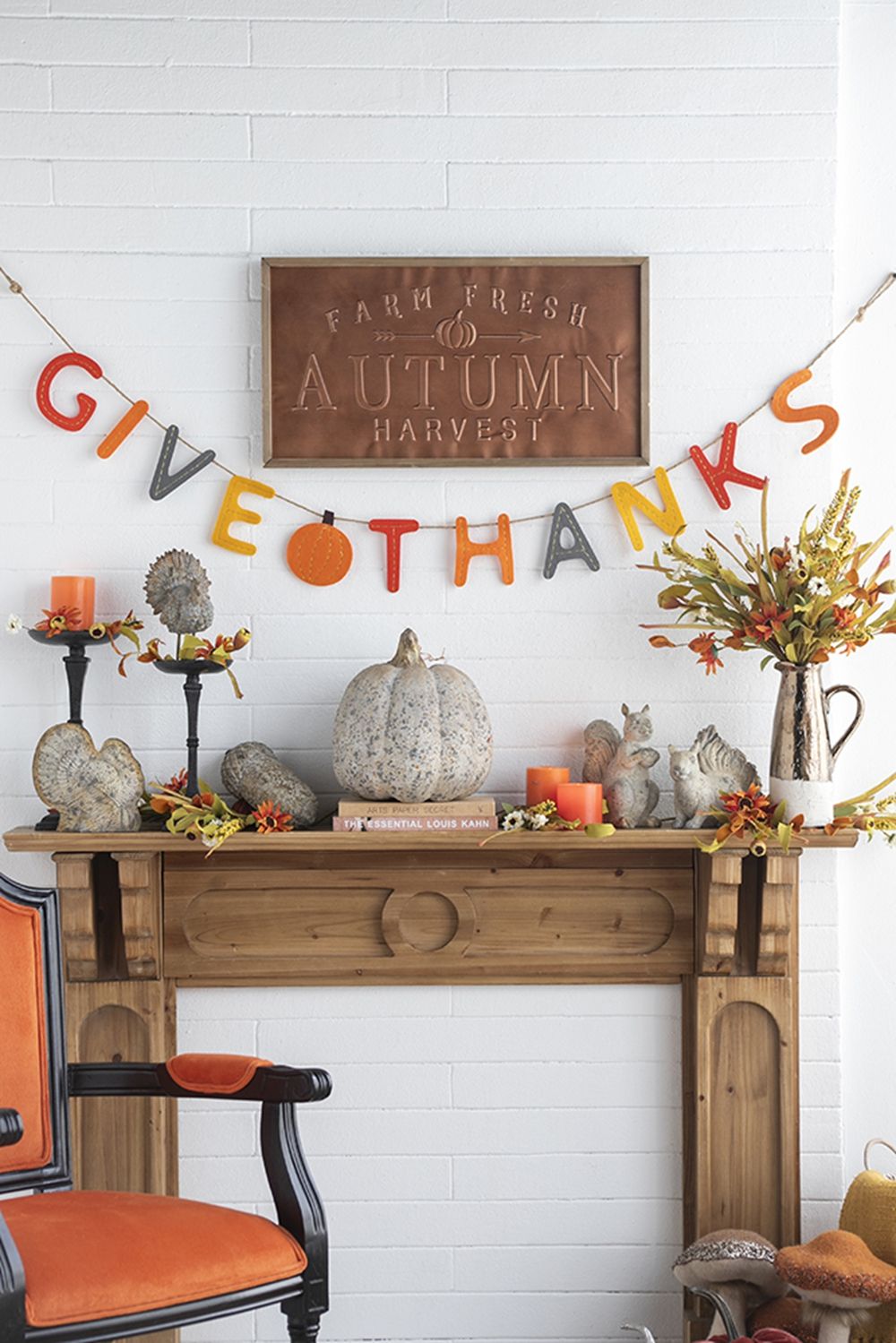Decorated mantel featuring autumn theme with artificial flower picks set and seasonal decor