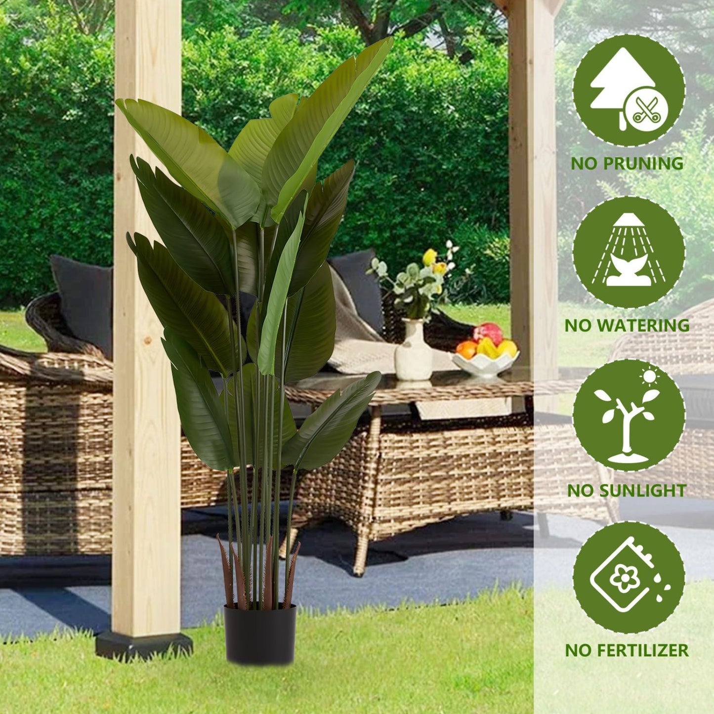Artificial green plant set in a stylish black pot, perfect for indoor decoration without care