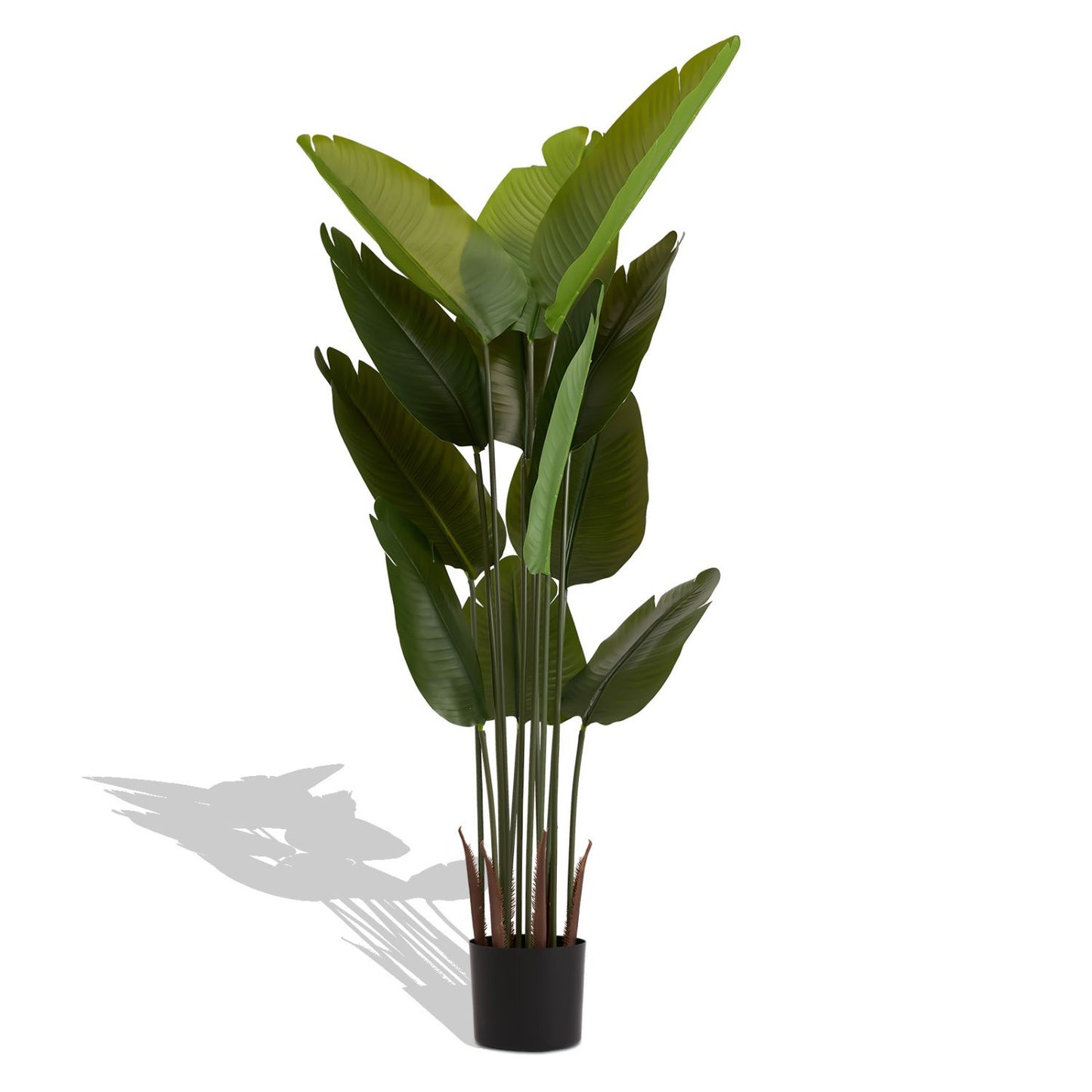 Artificial green plant set featuring tall, realistic leaves in a modern black pot