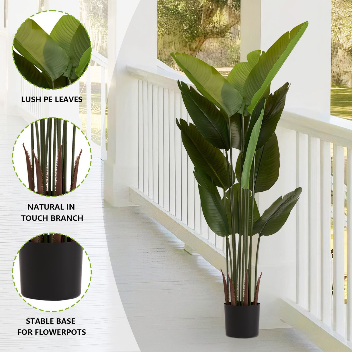 Artificial green plant set with lush PE leaves in a stable black pot for indoor decor