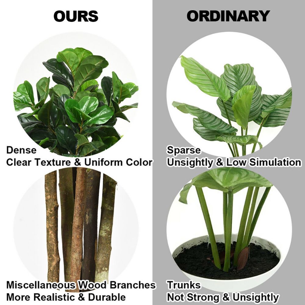 Comparison of artificial green plants indoor showing dense texture and realistic design versus ordinary plants