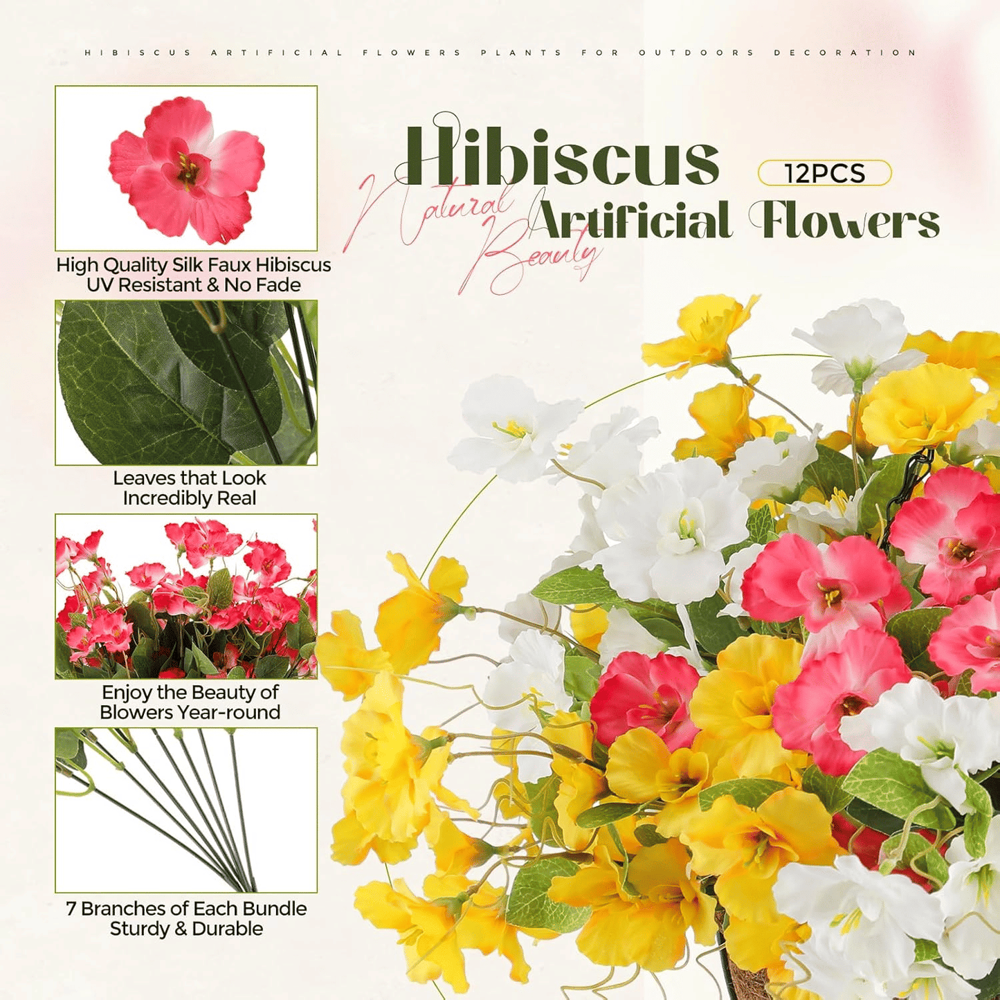Set of 12 artificial hibiscus flowers outdoor in vibrant colors for year-round decoration