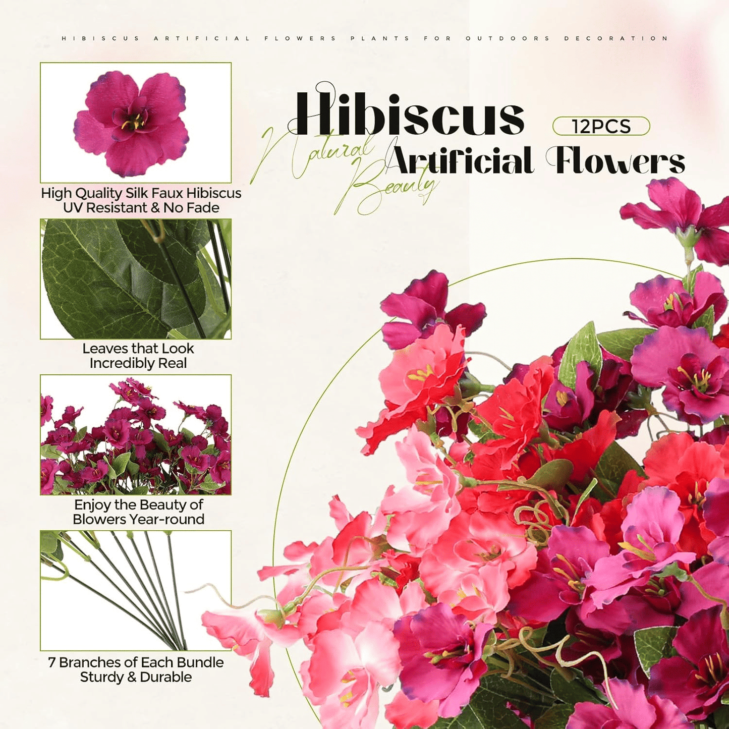 Colorful artificial hibiscus flowers outdoor set of 12 for year-round decoration with realistic leaves