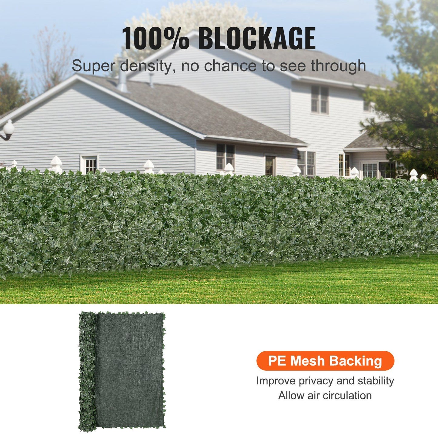 Artificial ivy privacy fence from FauxMart.com with 100 percent blockage and PE mesh backing for stability