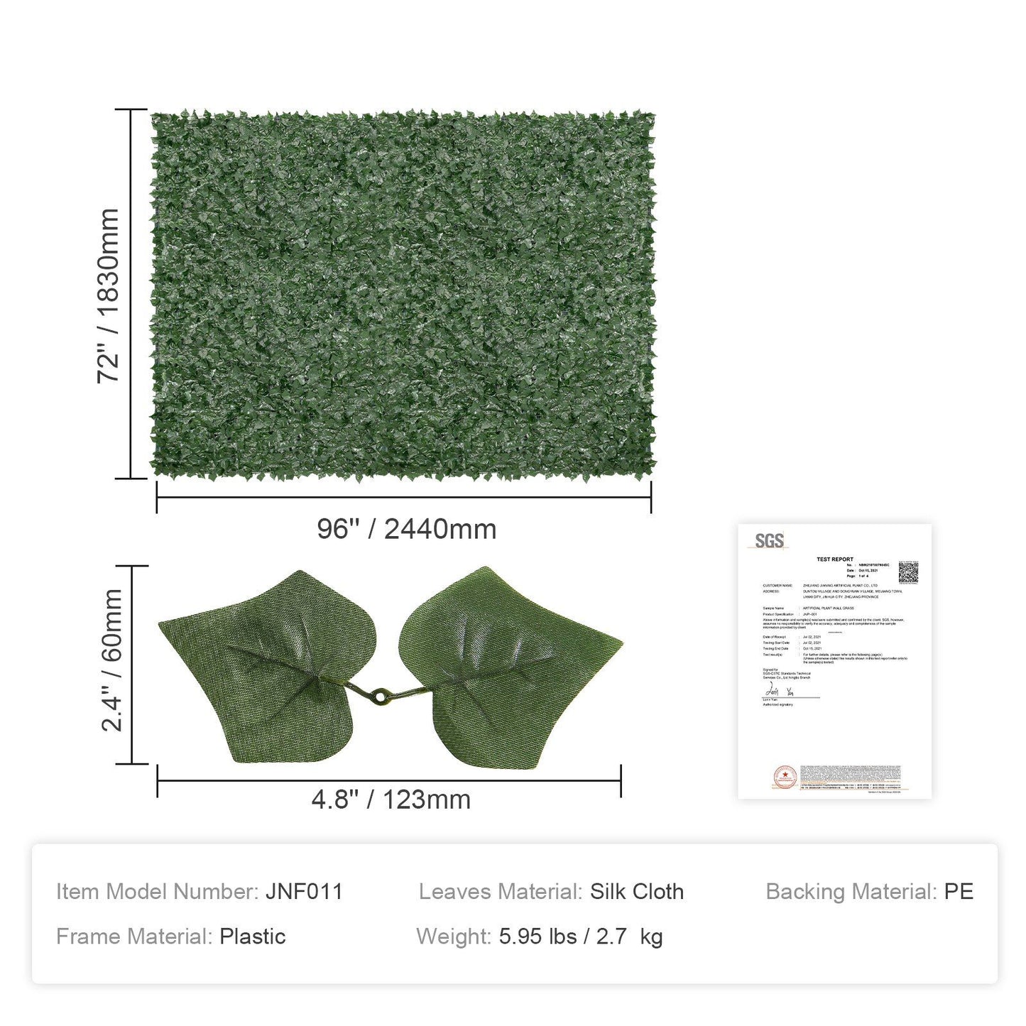 Artificial ivy privacy fence panel measuring 72 by 96 inches with silk cloth leaves and plastic frame
