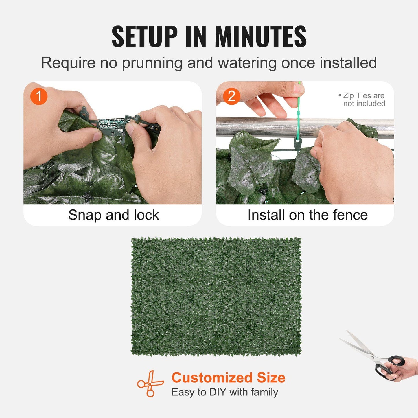 Hands installing artificial ivy privacy fence with snap lock and fence attachment for easy DIY setup