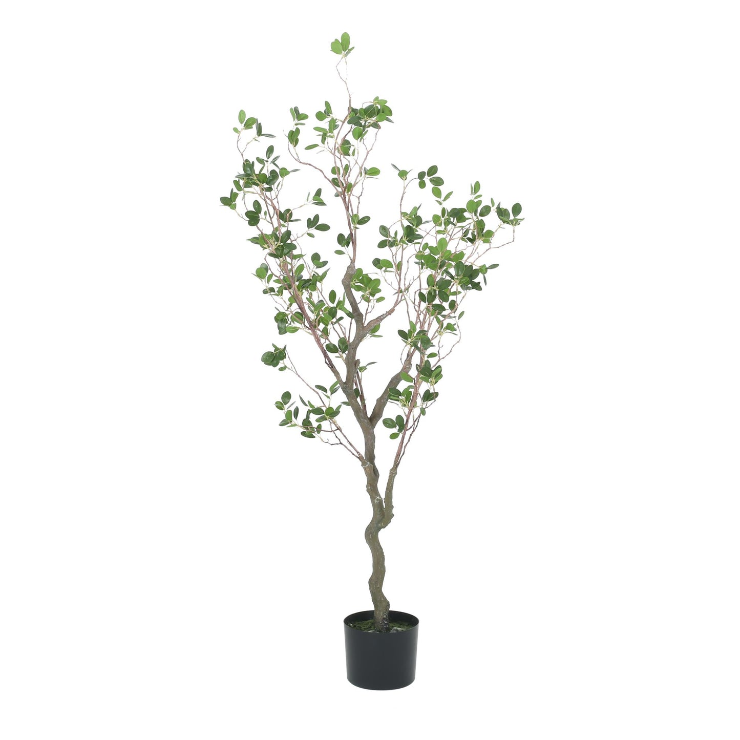 Tall artificial Milan leaf bonsai with green leaves in a black pot for indoor decoration