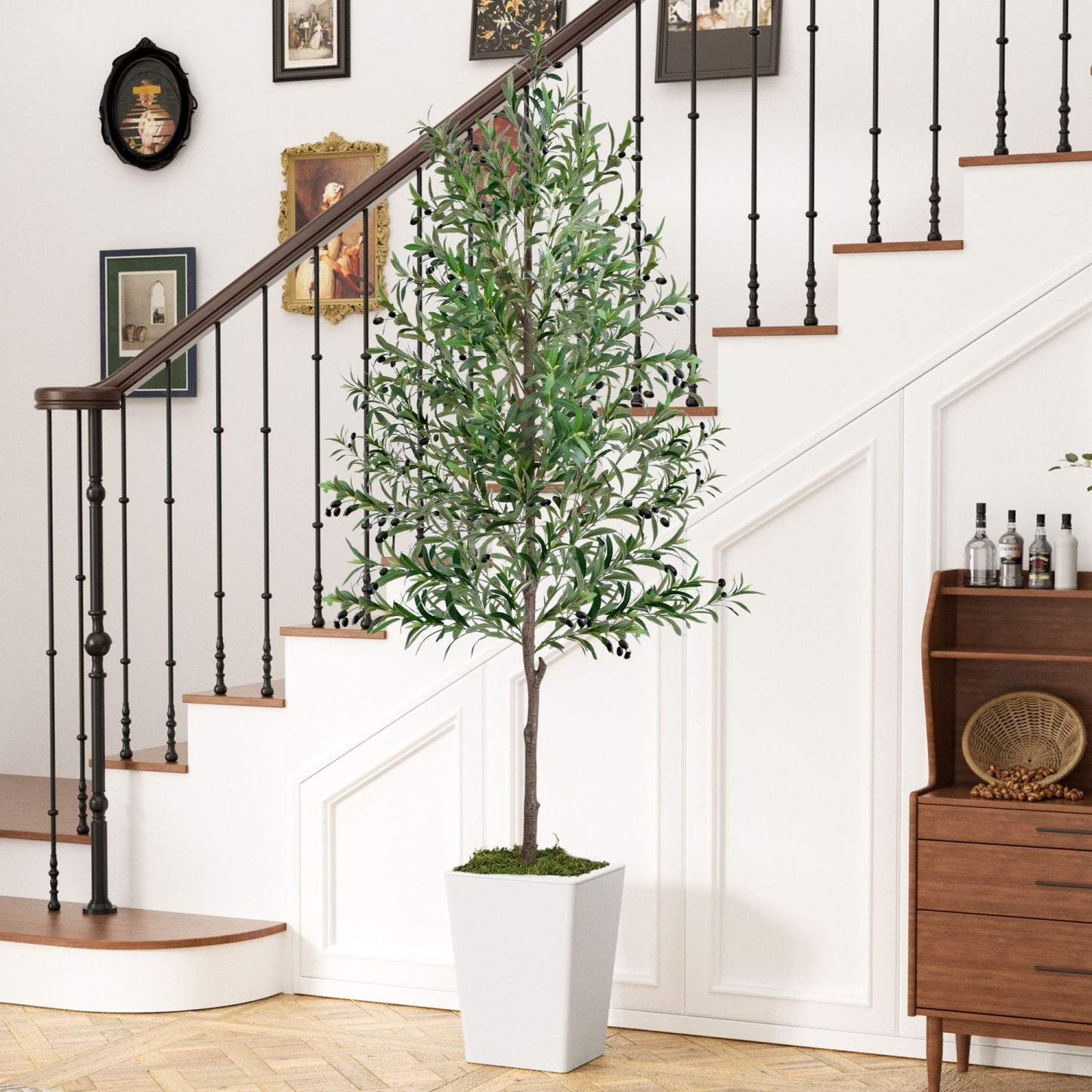 8ft artificial olive tree in a white planter enhancing home decor with its lifelike appearance
