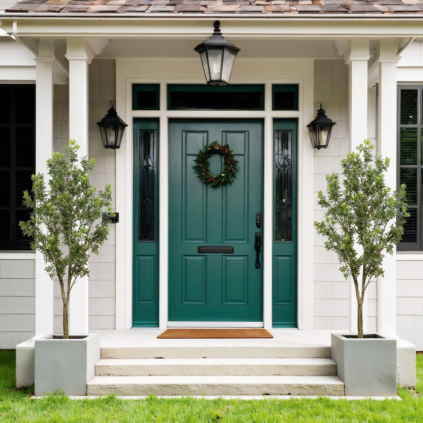 Two artificial outdoor garden branches in planters by a green front door with seasonal decor