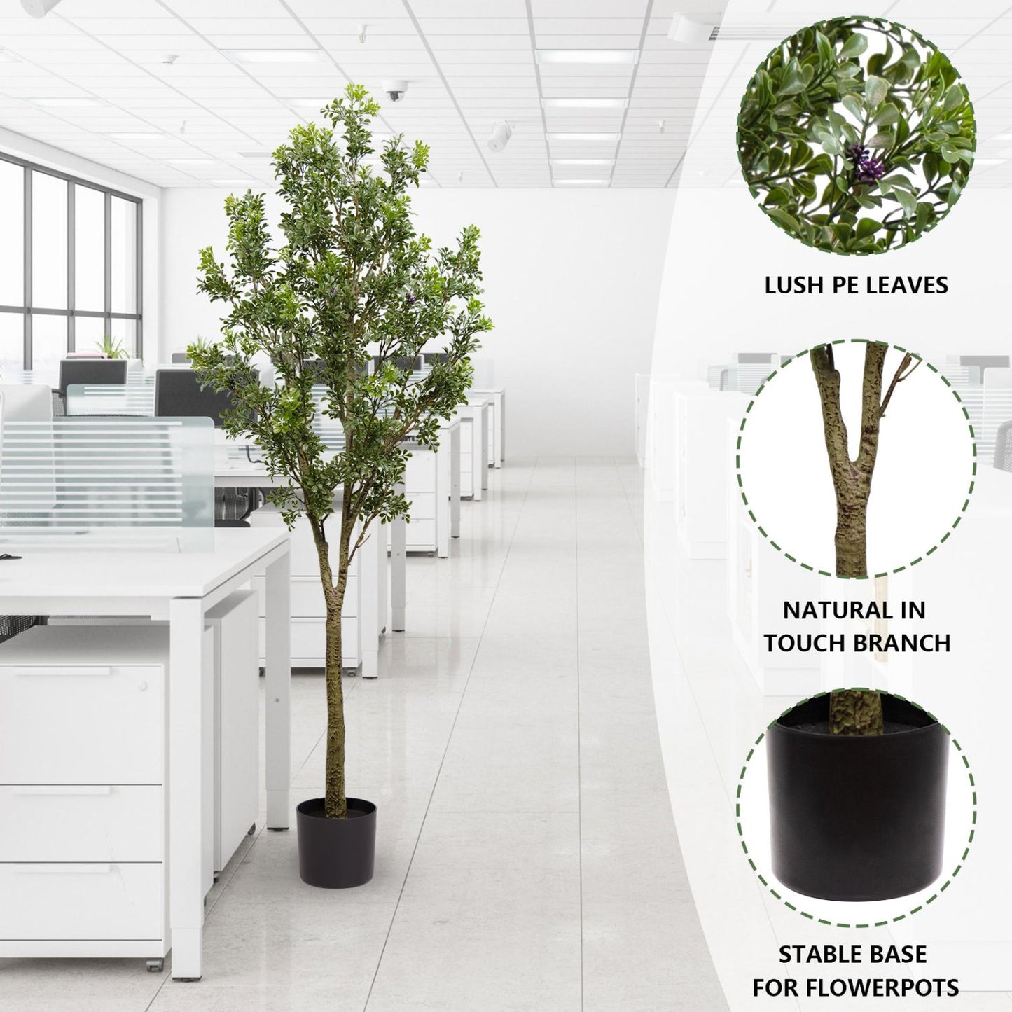 Artificial outdoor garden branches in a modern office setting, featuring lush PE leaves and a stable base