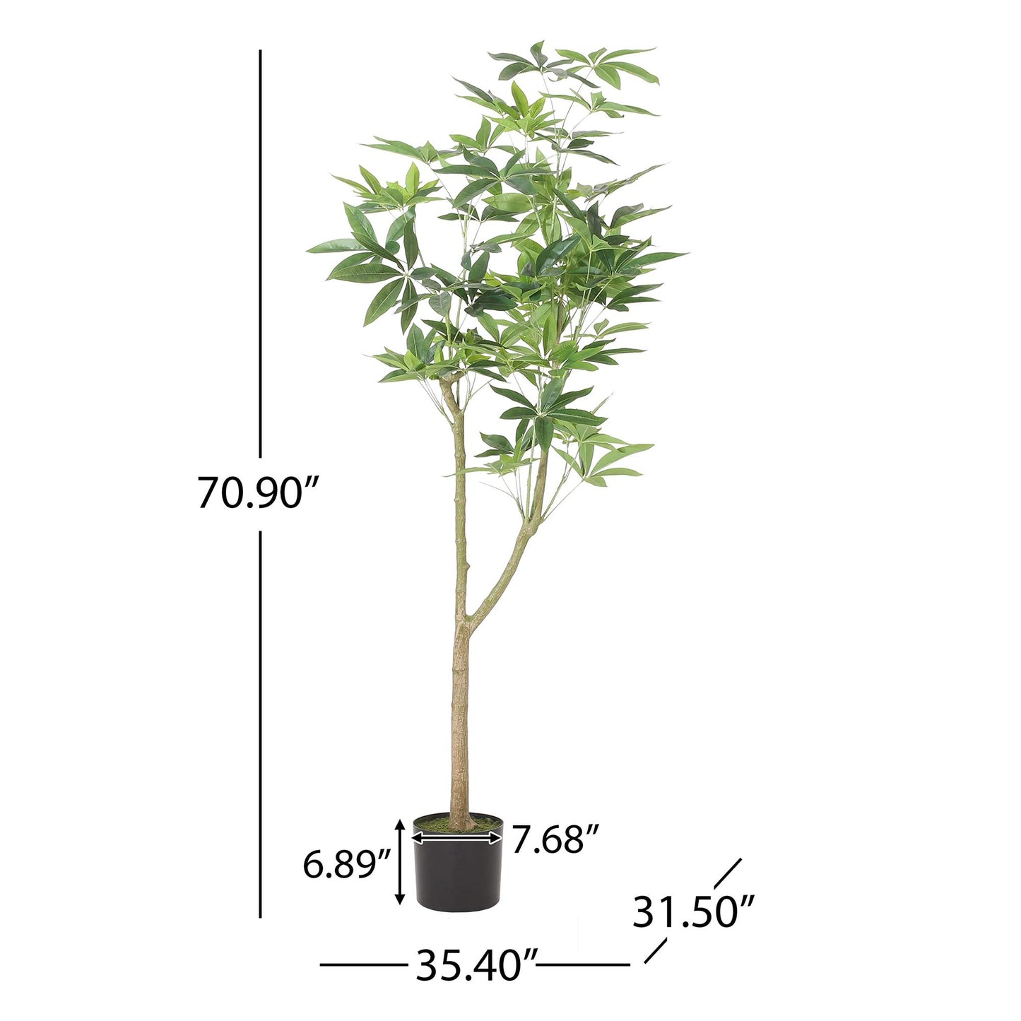 Artificial pachira money tree with green leaves in a black pot measuring 70.9 inches tall