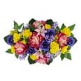 Colorful artificial peony cemetery arrangement with purple, pink, yellow, and blue flowers from FauxMart.com