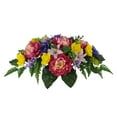 Artificial peony cemetery arrangement with colorful flowers and green leaves from FauxMart.com