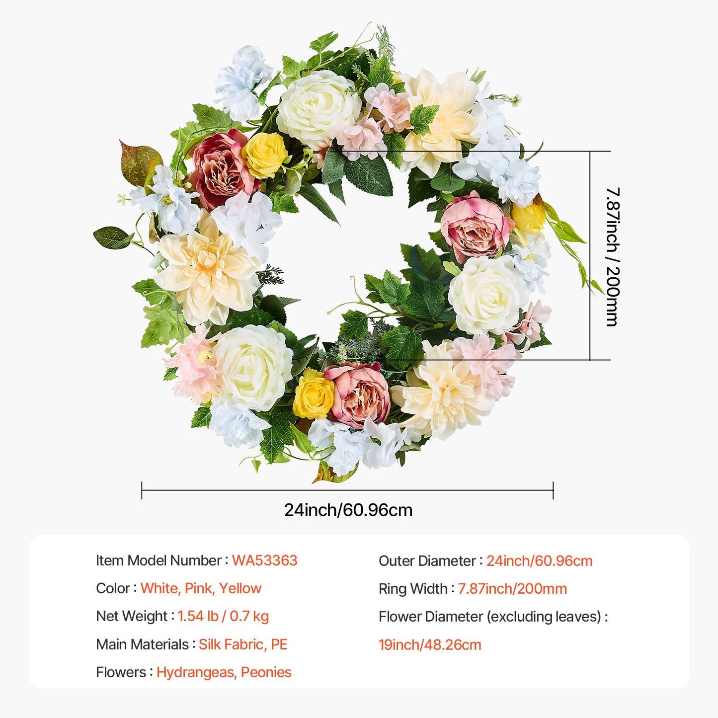 Artificial peony hydrangea wreath with white pink yellow flowers and green leaves 24 inch diameter