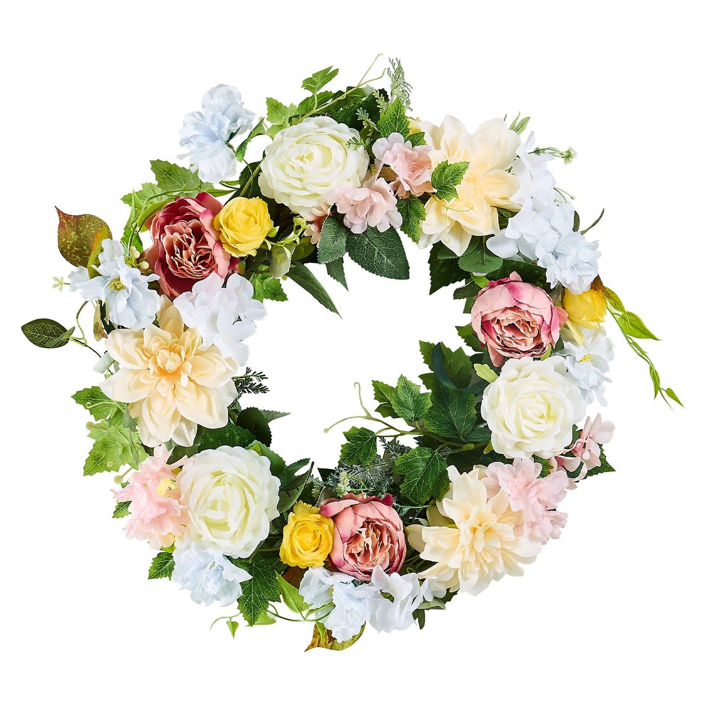 Colorful artificial peony hydrangea wreath with mixed flowers and green leaves for home decor
