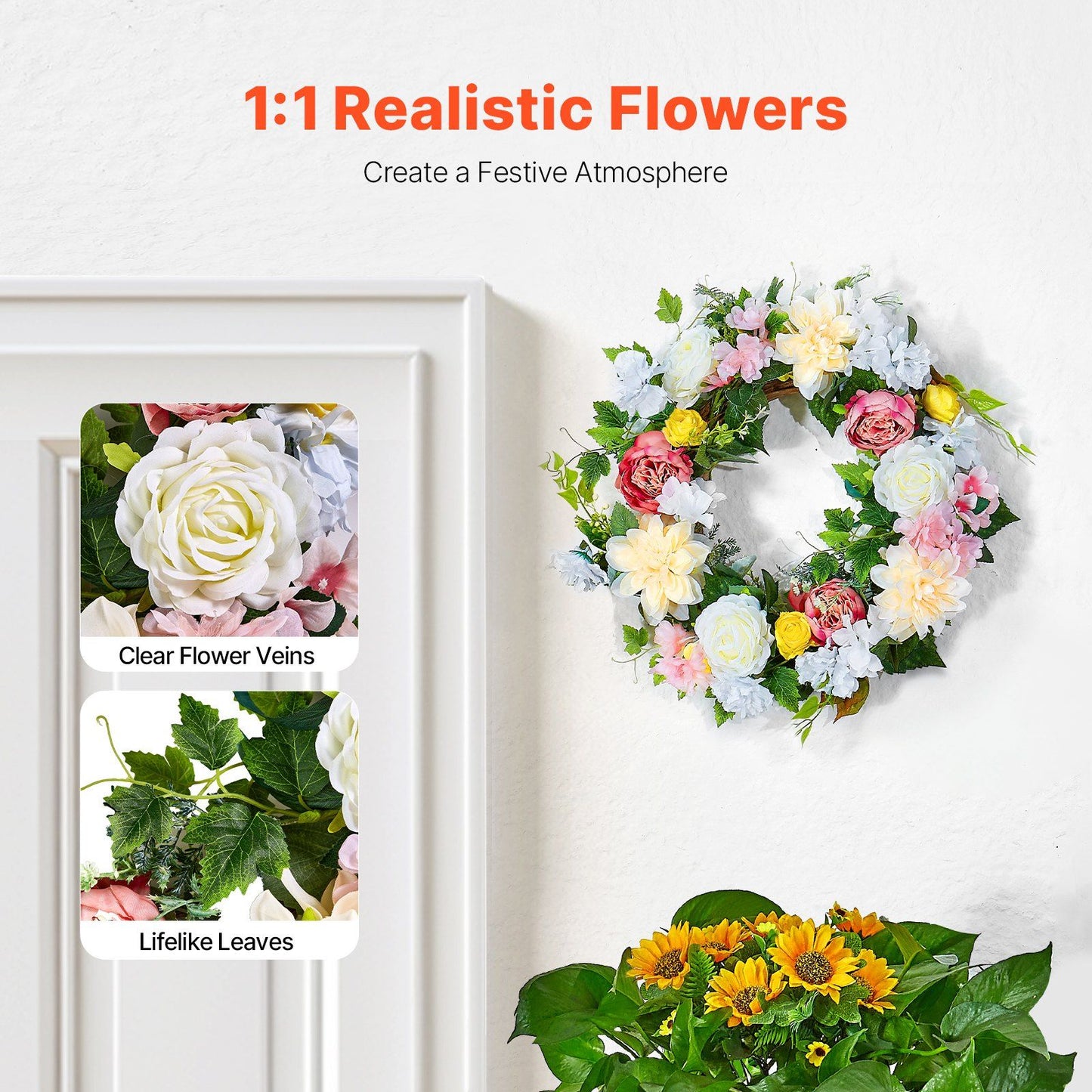 Artificial peony hydrangea wreath with realistic flowers and lifelike leaves hanging on white wall