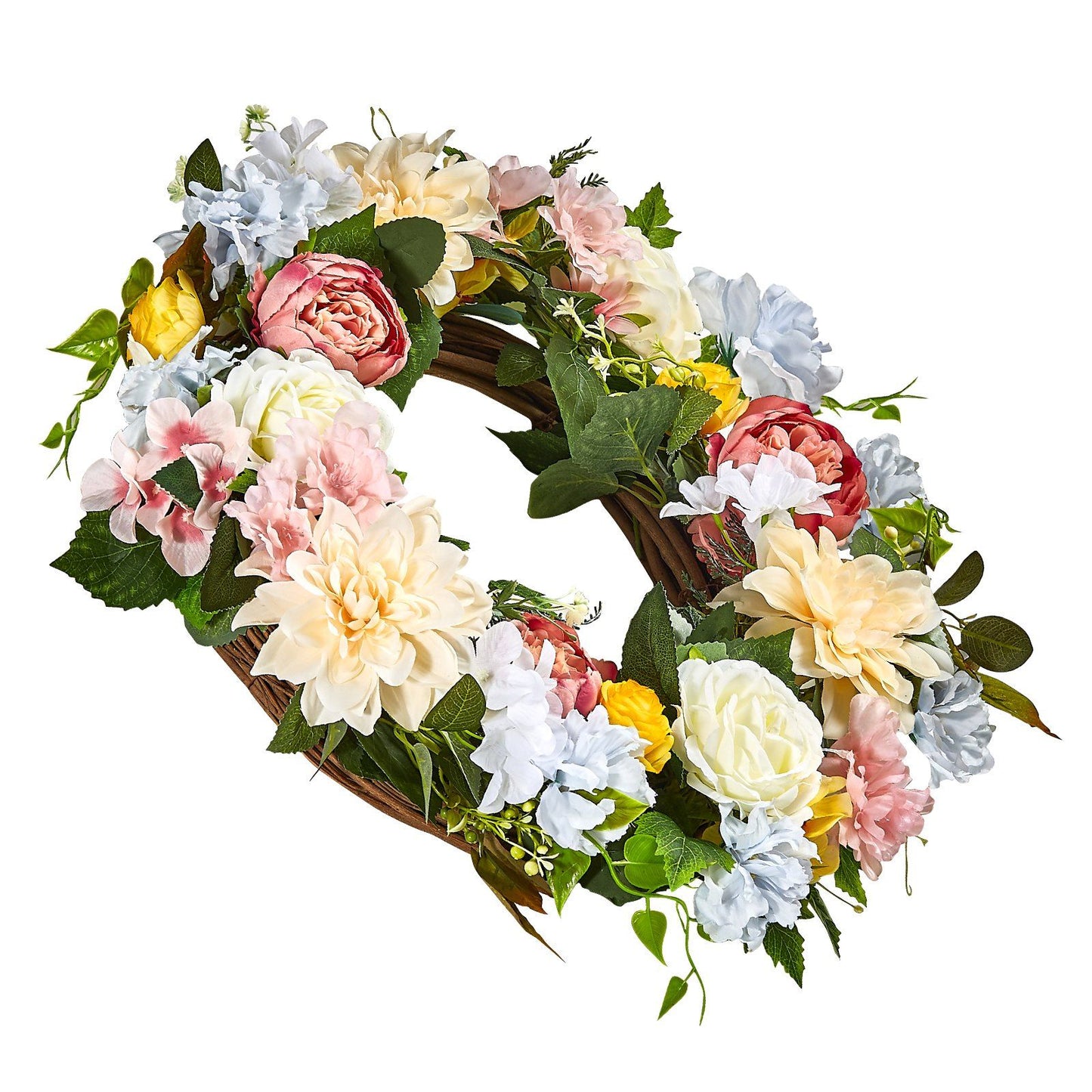 Colorful artificial peony hydrangea wreath with green leaves and mixed pastel flowers