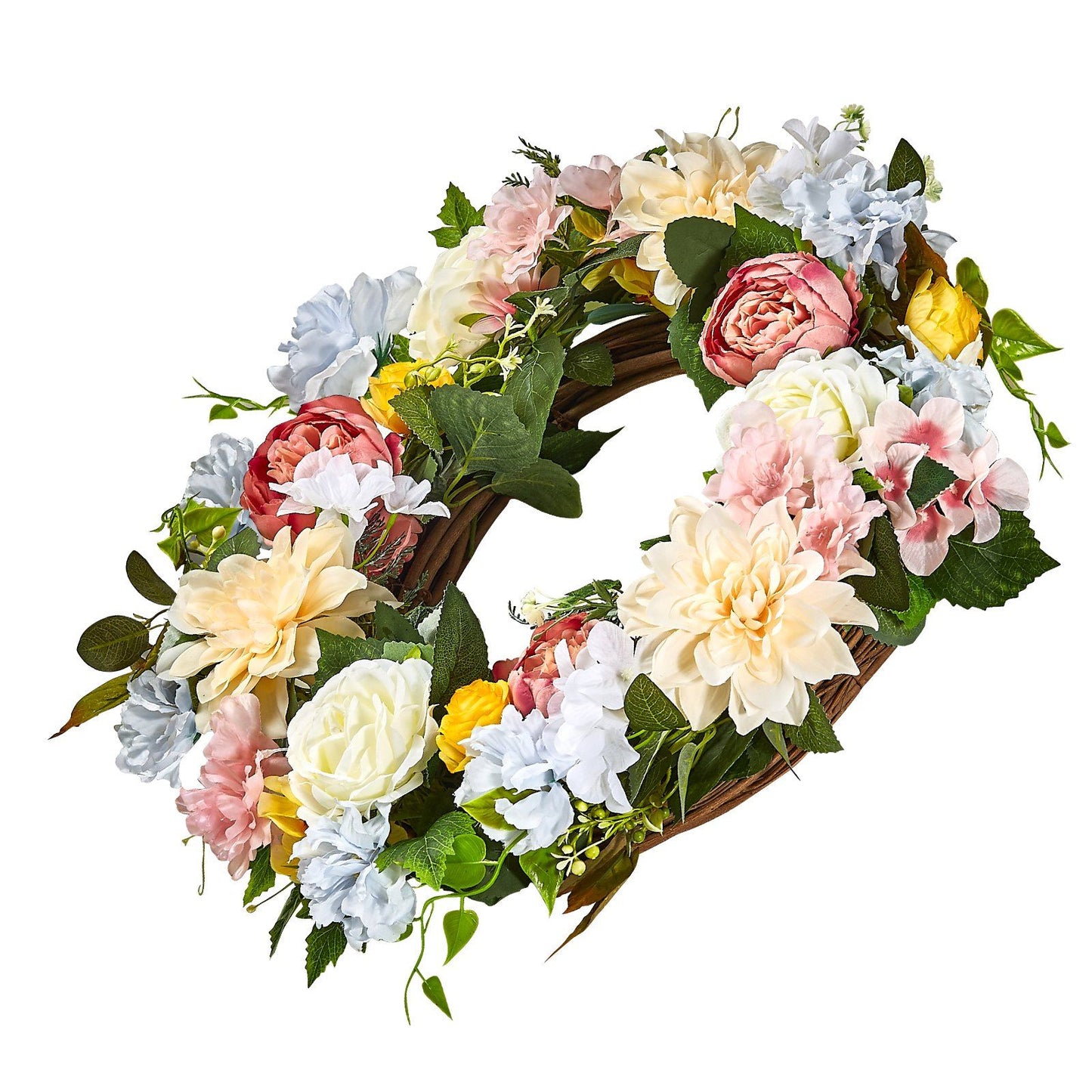 Artificial peony hydrangea wreath with mixed pastel flowers and green leaves on faux branch base