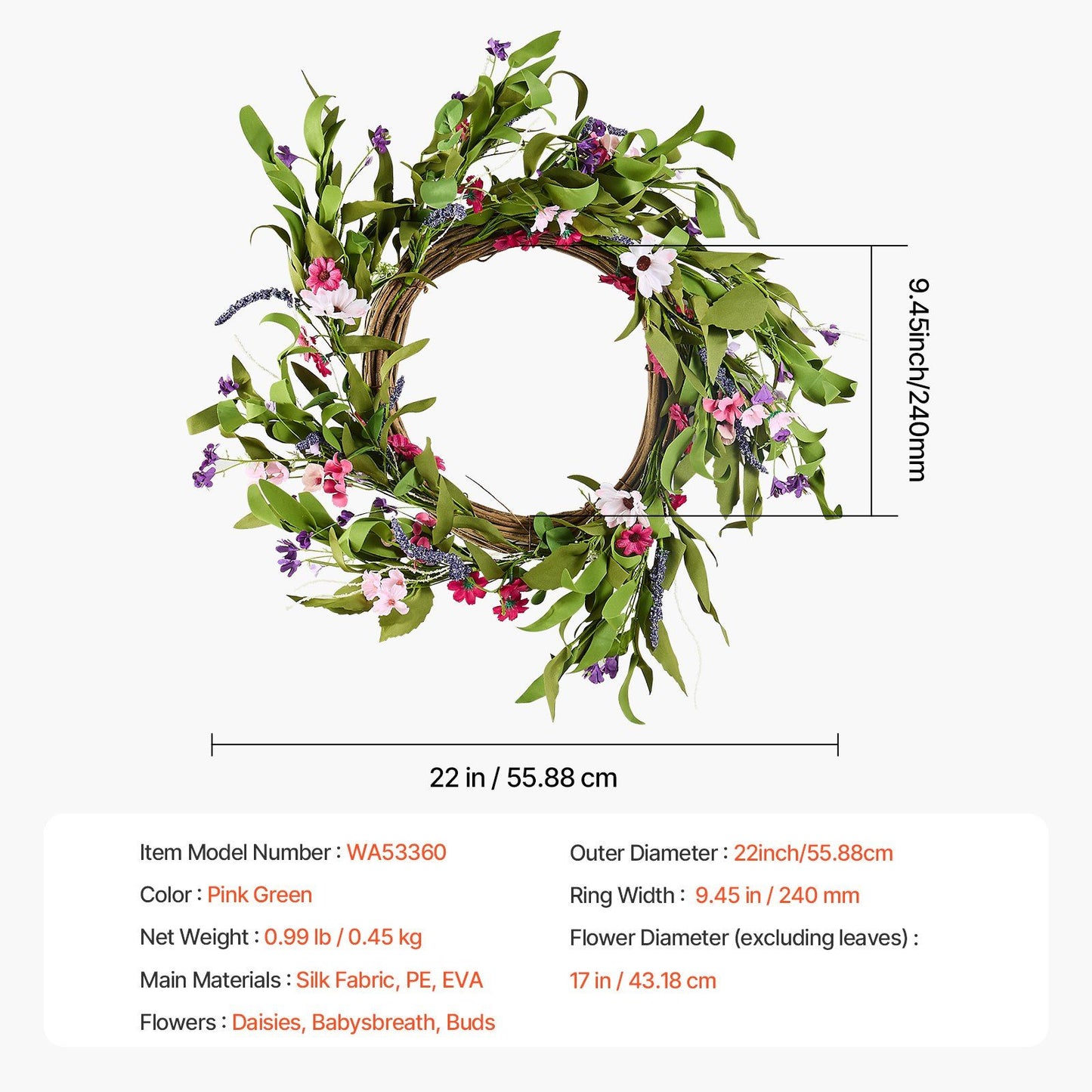 Artificial pink daisy wreath with green leaves and purple accents measuring 22 inches in diameter