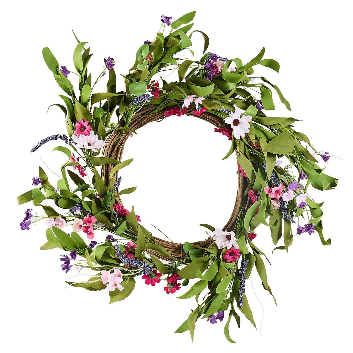 Artificial pink daisy wreath with green leaves and purple flowers decorative home accent
