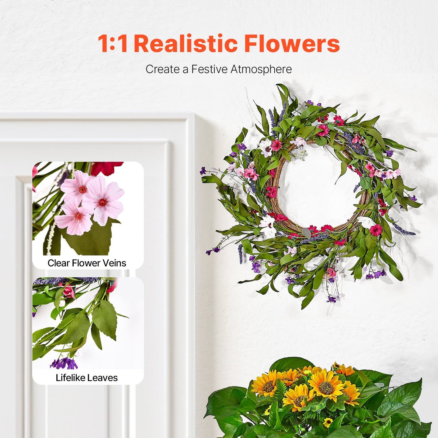 Artificial pink daisy wreath with lifelike leaves and clear flower veins hanging on white door